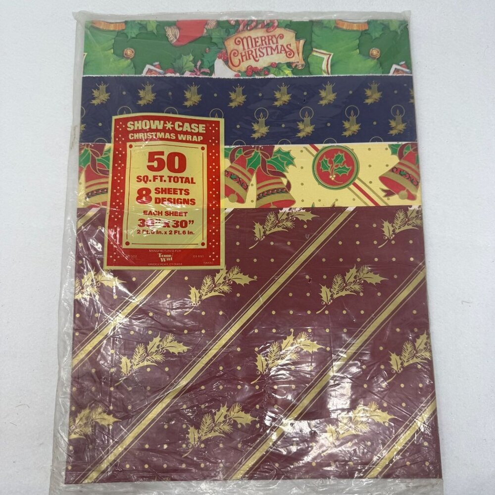 Vintage 80s Christmas Wrapping Paper Sheets Gift Wrap Owl Bells Plaid Sleigh NIP